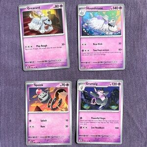 4 Psychic Pokemon Trading Cards - Greavard, Houndstone, Spoink, and Grumpig